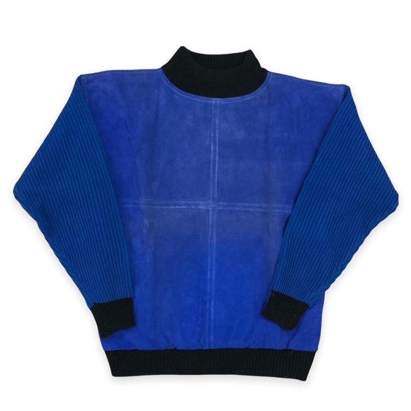 American Vintage Sweaters - Vintage 1980s Color Block Suede and Ribbed Knit Mock Neck Pullover Sweater